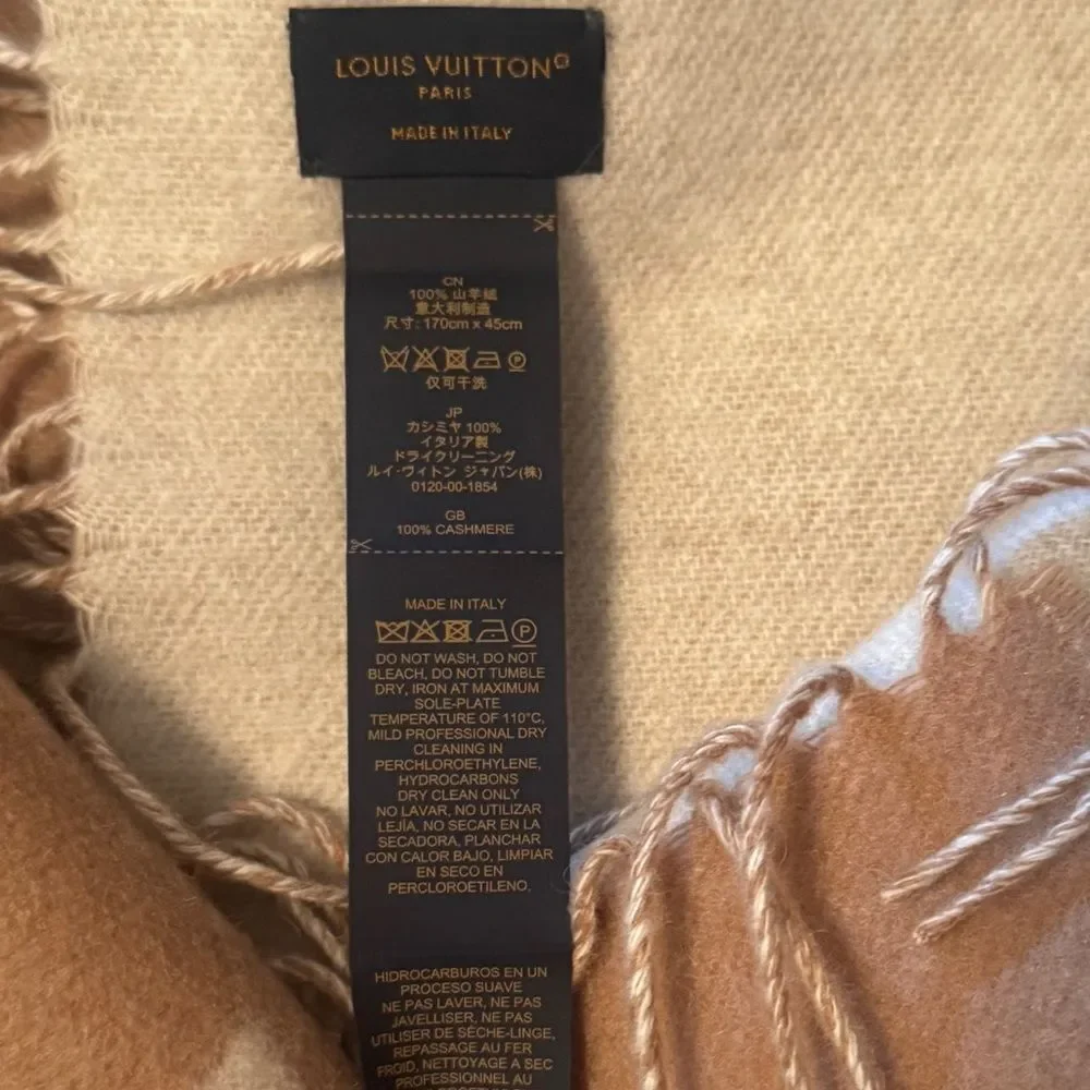 NWT Louis Vuitton Cream & Sable Brown 100% Cashmere M76067 LV Monogram Scarf